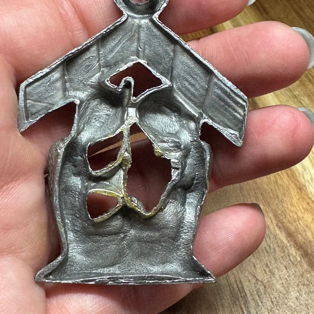 Vtg Pewter Nativity Scene Pendant Holy Family Christmas Religious Charm Silver